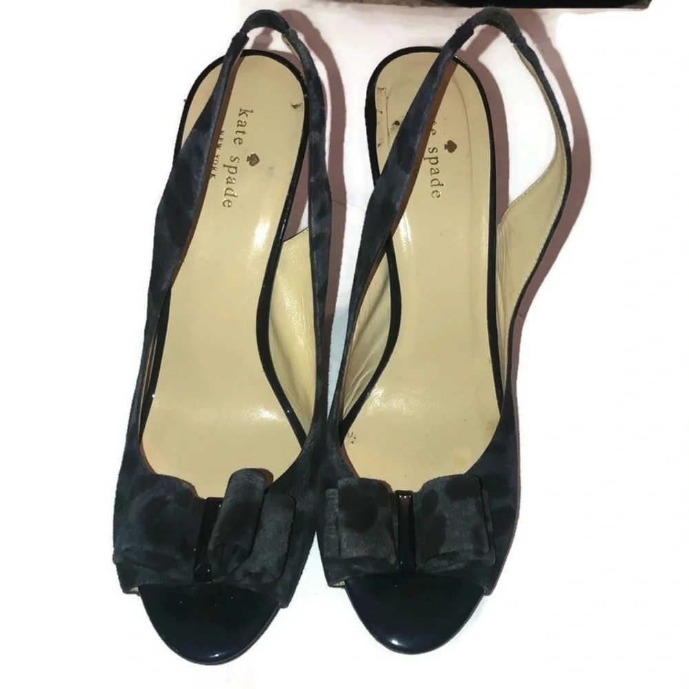 Kate Spade Leopard Pattern Pump Heels Ribbon  Suede Black Gray Made In Italy 10B